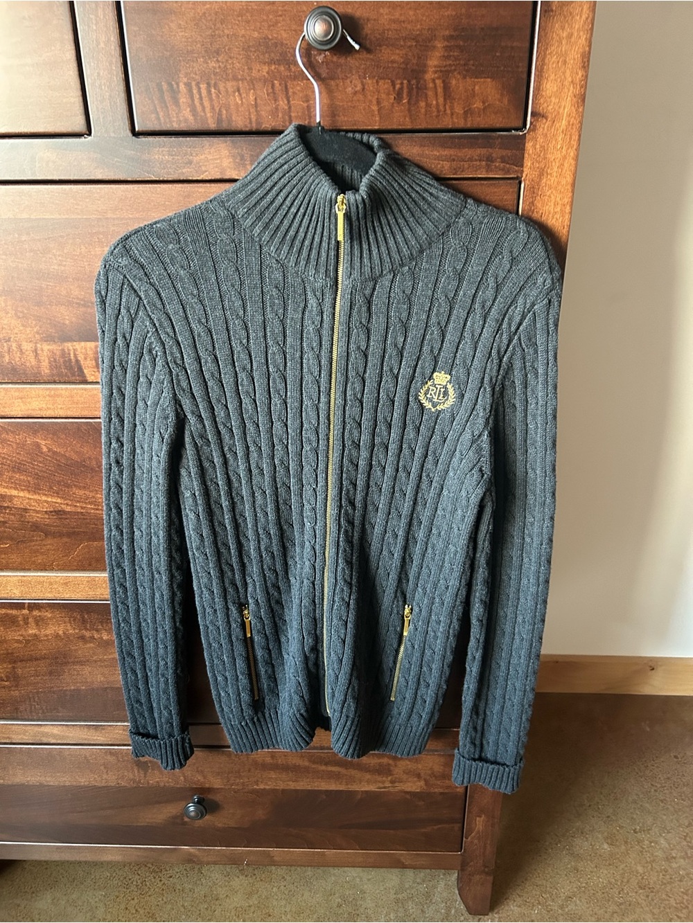 Ralph Lauren Dark Charcoal Cable-Knit Zip Cardigan with Gold Crest